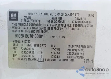 2008 Chevrolet Silverado K1500 z USA, uszkodzony, nr VIN 2GCEK19J781300846